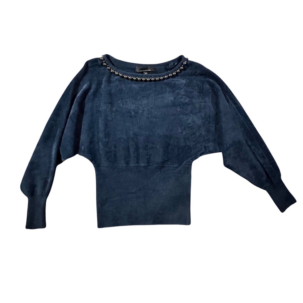 White House Black Market Top Womens‎ XS Navy Beaded Neck Dolman Sleeve Pullover